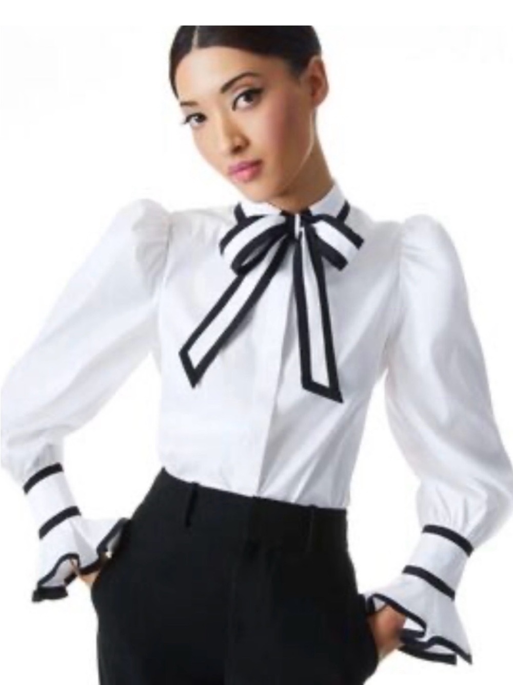 Alice + Olivia White Button-Down Blouse with Black Trim and Bow Tie